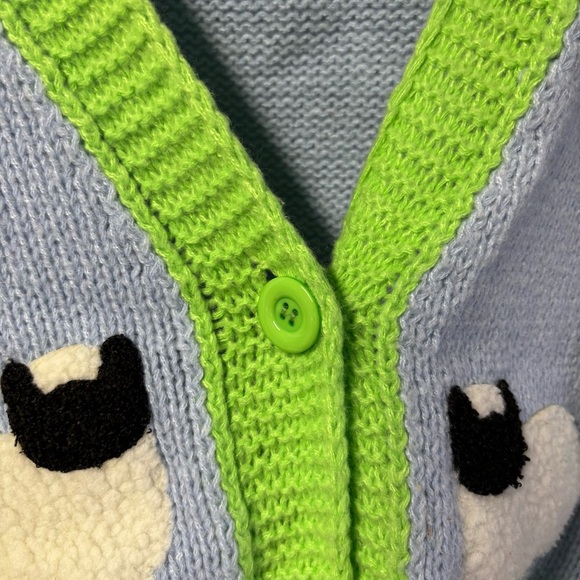 Women's Blue and Green Sheep Embroidered Knit V-Neck Cardigan Sweater Small - Picture 3 of 8